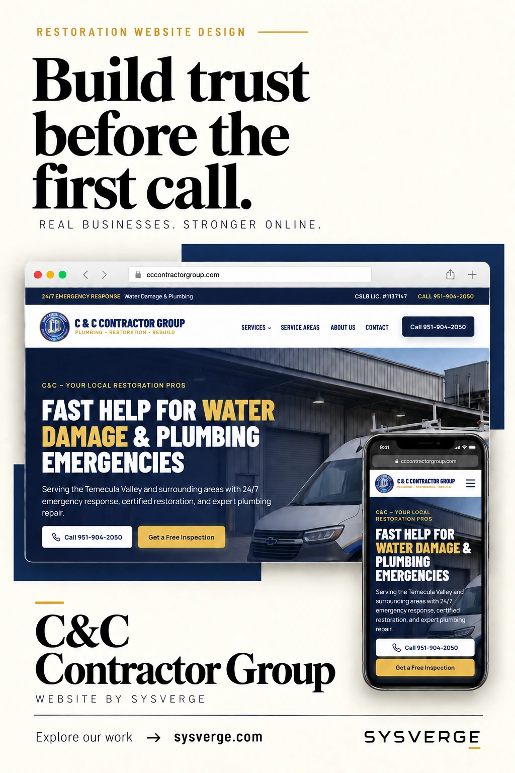 C&C Contractor Group website with a navy and gold design and emergency restoration services