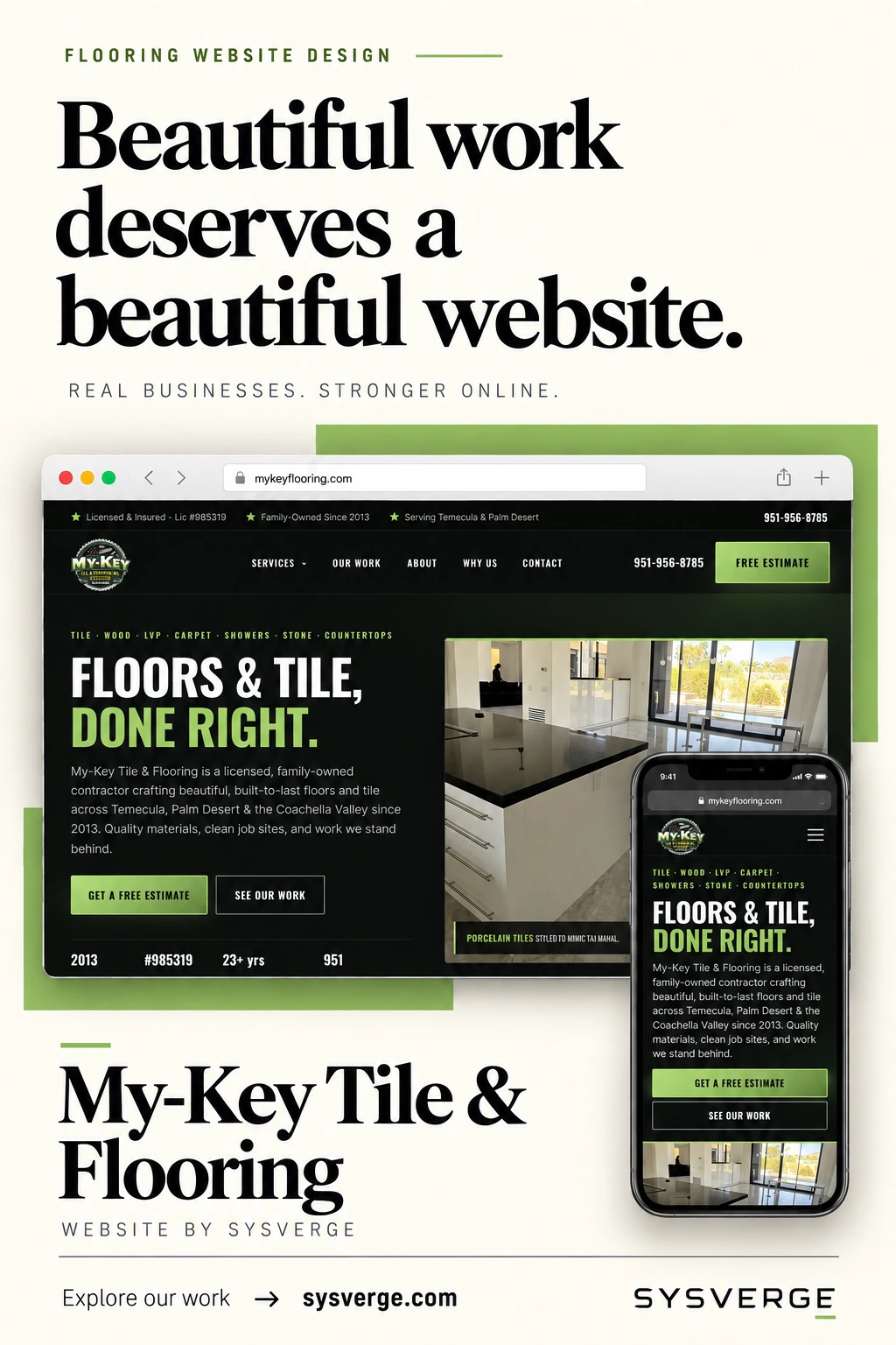 My-Key Tile and Flooring website with a green and black design and finished tile installation