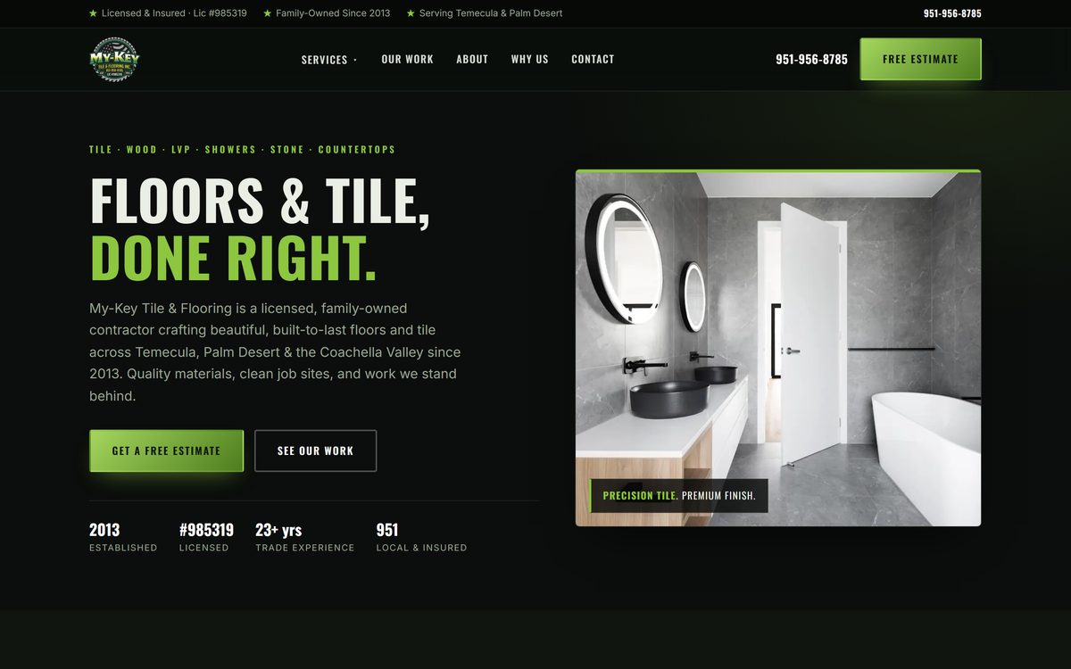 My-Key Tile & Flooring homepage: a finished grey tile bathroom beside the headline Floors and Tile, Done Right.
