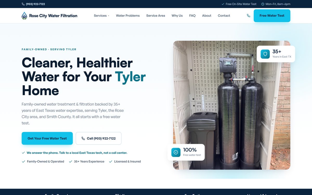 Rose City Water Filtration homepage: a softener and filtration tank install beside the headline Cleaner, Healthier Water for Your Tyler Home.