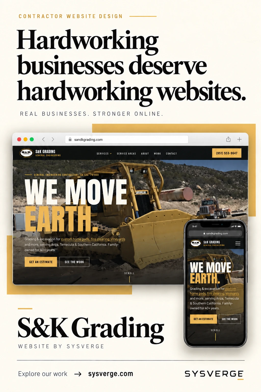 S&K Grading website with bold gold typography and a bulldozer on a hillside job site